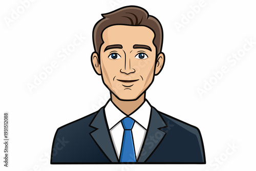 Professional cartoon portrait of a smiling businessman in a suit and tie symbolizing corporate success