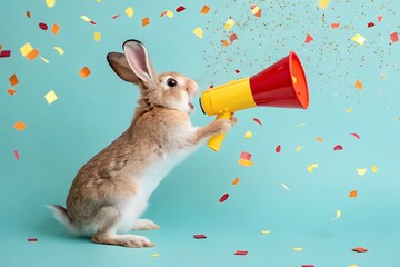 a rabbit holding megaphone amidst colorful confetti