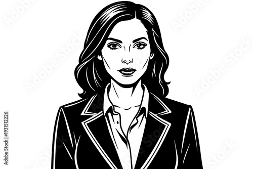 Black and white vector portrait of a confident businesswoman in a formal suit highlighting professionalism and elegance