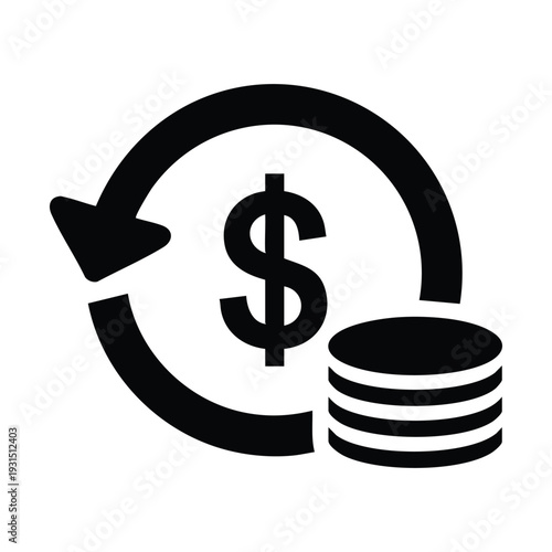 Black and white icon depicting a dollar sign within a circular arrow, symbolizing financial transactions, returns, or money flow, alongside a stack of coins.