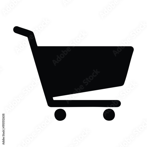 Simple black silhouette icon of a shopping cart with wheels and a handle, representing retail, commerce, and online shopping.