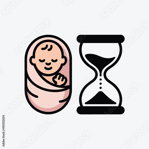 Newborn baby and hourglass icon set representing life time birth growth parenting and childcare services
