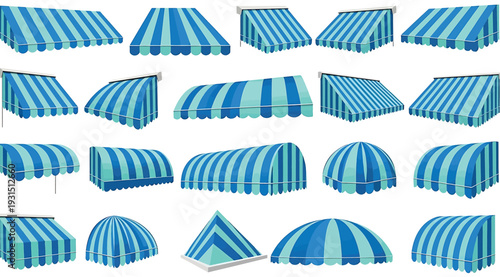 Collection of various blue and white striped beach umbrellas and canopies in different shapes and sizes isolated on white background