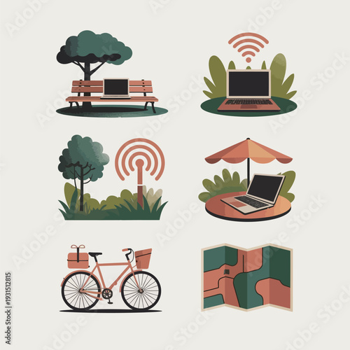 Remote work lifestyle icon set with laptop bench bicycle and outdoor digital nomad productivity symbols