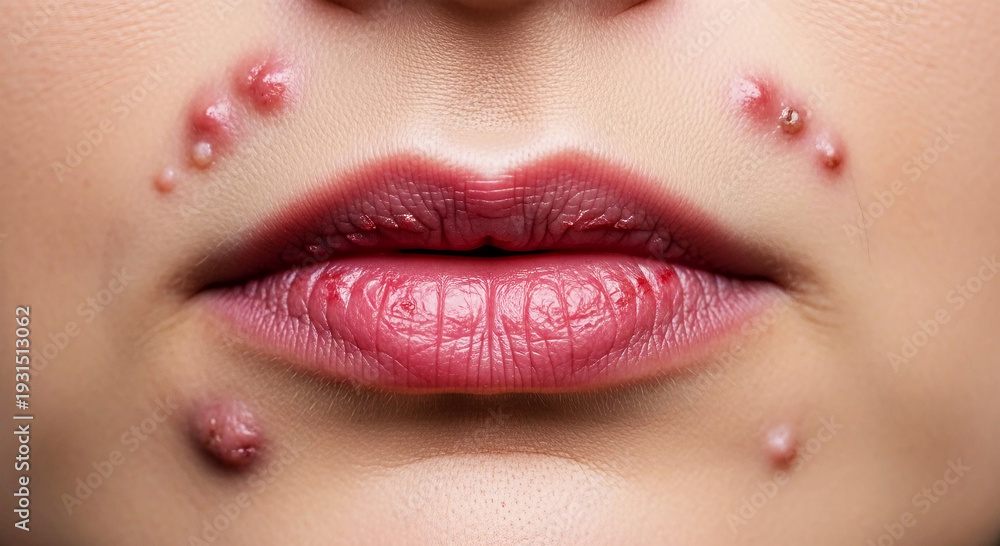 Naklejka premium Close up of lips with acne and cold sores on skin mouth pimple