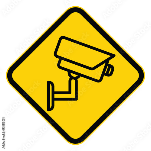 Yellow Warning Sign Featuring Security Camera in Black Outline Design