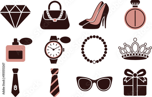Luxury fashion and lifestyle icon set with diamond handbag crown sunglasses and premium accessories