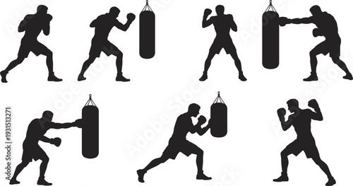 Black boxer silhouette collection featuring various male athlete poses like punching heavy bags sparring and fighting isolated on white background.
