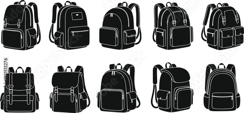 Black backpack silhouette collection featuring various school rucksack designs travel bag icons and hiking pack illustrations isolated on white background.
