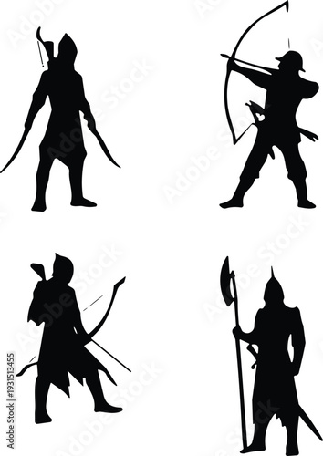Medieval warrior silhouettes, fantasy fighters, sword and bow, spear halberd, armed characters, battle stance illustration, heroic combat art flat vector