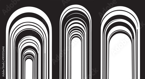 Monochromatic arches with layered lines on black background design