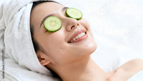 Cucumber Refreshment: A woman reclines serenely, slices of fresh cucumber resting gently over her eyes, evoking a sense of relaxation and natural beauty.