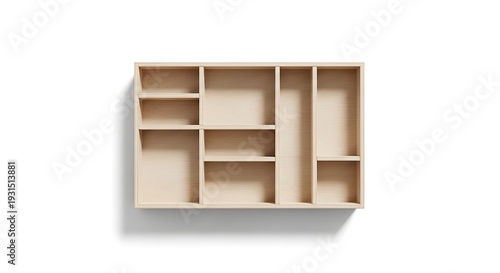Modern wooden shelf with multiple compartments and storage cubbies on white background
