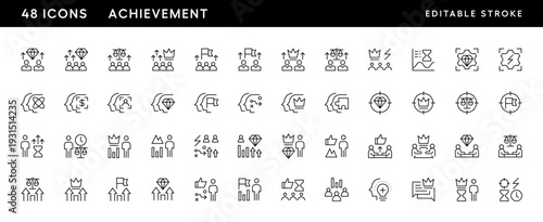 Achievement icon collection. Business values, reputation, success, competence, diversity, creativity, excellence, consistency, headhunting and more. Editable stroke. Pixel Perfect. Grid base 32 x 32.