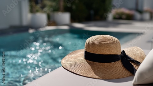 Straw sun hat resting by a sparkling swimming pool, perfect for summer vacation.