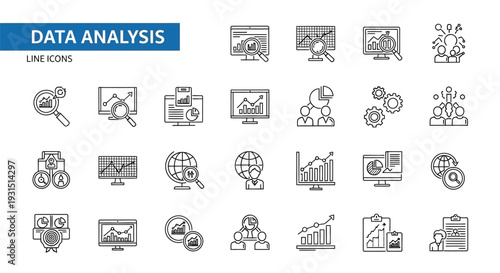 Collection of line icons representing various data analysis concepts including business metrics research visualization teamwork collaboration global search and financial reporting accuracy checks