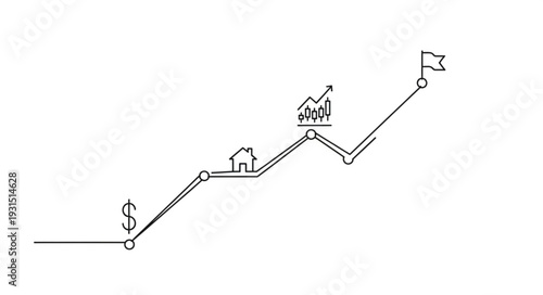 Business growth chart with milestones and flag at the end.