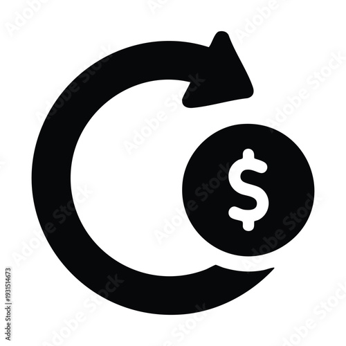 Black icon depicting a circular arrow around a dollar sign, symbolizing money return, cashback, or a financial transaction cycle.