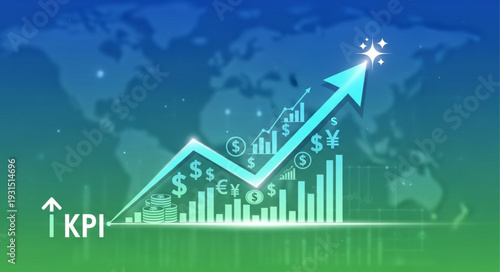 Business growth chart with upward arrow and financial symbols.
