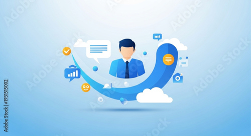 Business professional surrounded by digital icons and data analytics.