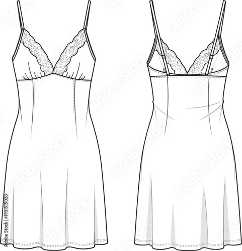 Silk slip dress with lace trim, v-neck chemise sleepwear, elegant lingerie nightgown, fashion technical sketch, intimate apparel vector line art.