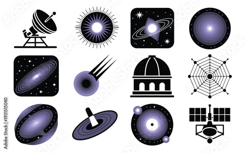 Astronomy and space exploration icon set with telescope planet orbit and galaxy observation symbols