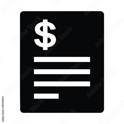 Black document icon featuring a prominent dollar sign at the top and multiple horizontal lines representing text, symbolizing financial statements or invoices.