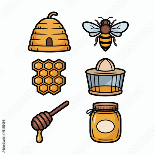 Beekeeping and honey production icon set with hive bee honeycomb jar and organic natural farm symbols pack