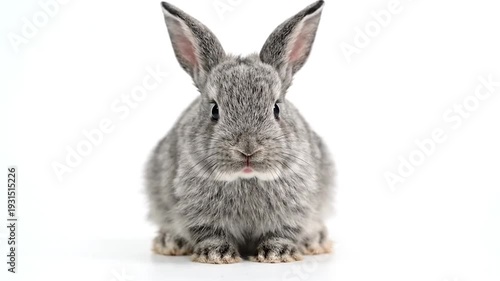 A gray rabbit with long ears and fluffy fur sits on a white background