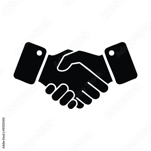 Black silhouette of two hands shaking, representing agreement, partnership, or greeting in a professional context.