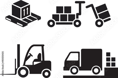 Logistics icons, warehouse tools, pallet box, trolley vector, hand truck, forklift silhouette, delivery truck, loading dock, shipping clipart, cargo design