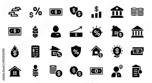 a comprehensive set of financial and economic icons representing investment banking and business concepts for modern design.
