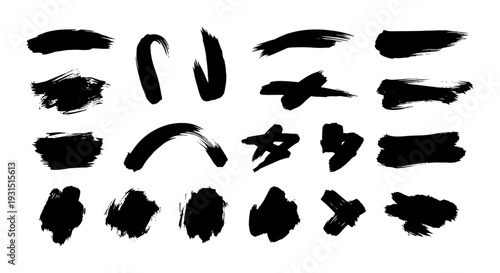 diverse collection of black grunge brush strokes and ink textures on white perfect for creative graphic design and abstract art projects