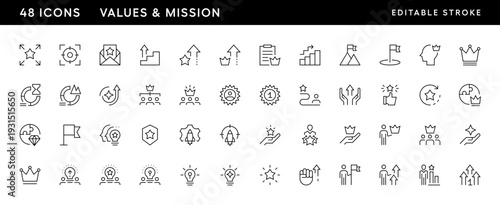Icons. Values and mission icon collection. Core values, productivity, vision, success, consistency, achievement, competence, achievement and more. Editable stroke. Pixel Perfect. Grid base 32 x 32.