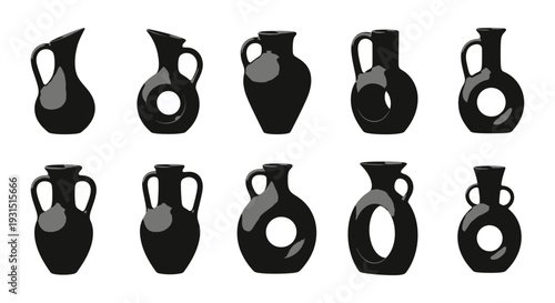 illustrated collection of traditional black ceramic vases amphoras and ancient jugs isolated on white for pottery and design.