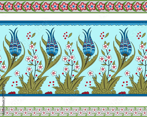 Seamless floral borders, brushes. Stylized flowers. Central Asian, Suzani, Iznik style. Clipping mask applied.