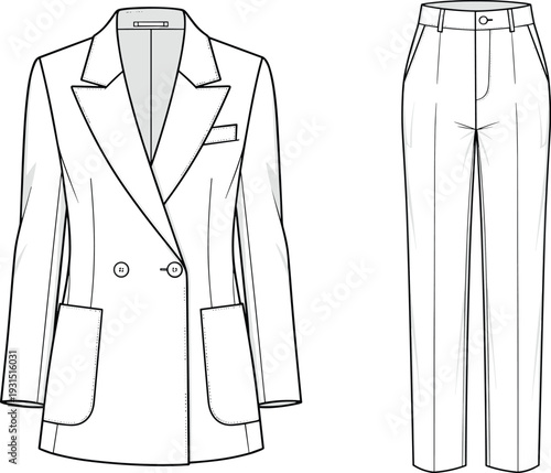 Women's tailored blazer and trousers fashion illustration, front and back view, double breasted design, high waist pants, garment construction drawing