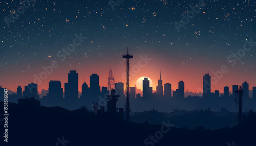 City Skyline Sunset Silhouette with Starry Night Sky and Construction Towers
