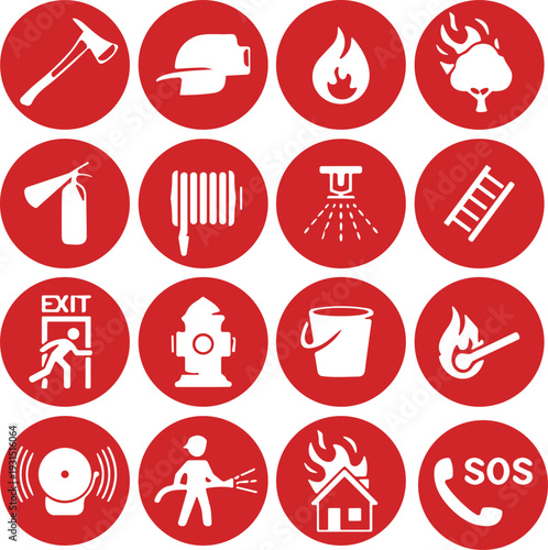 Fire safety icons, emergency response, extinguisher vector, hydrant clipart, helmet symbol, ladder design, alarm graphic, exit sign, SOS phone, flame illustration