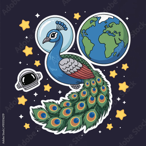 Peacock and earth artistic illustration with cosmic stars wildlife nature and environmental theme