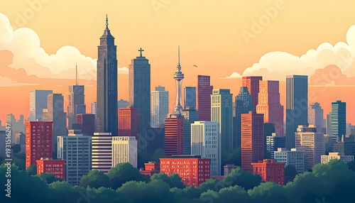City Skyline with Tall Skyscrapers and Modern Buildings at Sunset
