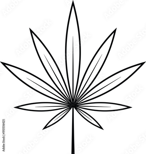 Cannabis leaf botanical line art vector illustration with serrated edges for medical marijuana design, herbal wellness, and flavector brand identity.
