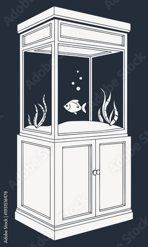 Aquarium with Fish and Plants Line Art Illustration.