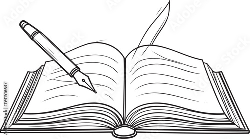 Open book with fountain pen illustration