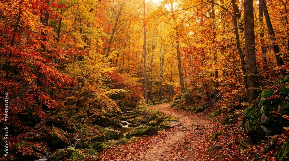 Fototapeta premium Vibrant Autumn Forest Path with Flowing Creek