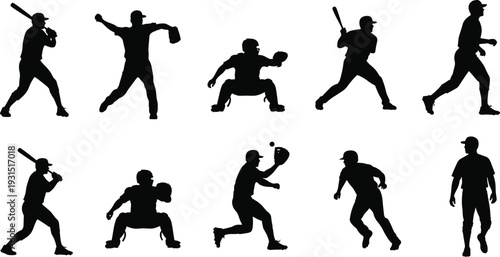 Baseball player silhouettes, batting pitching catching running fielding, sports action poses, athletic movement, team game illustration, cad drawing flat vector illustration