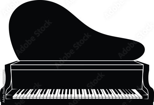 Grand piano silhouette vector illustration, classic black musical instrument with keyboard isolated on white background design