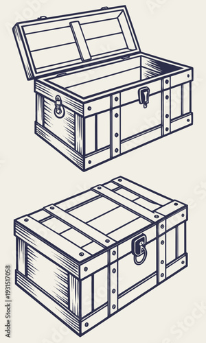 Vintage Wooden Treasure Chests Open and Closed Engraving Style.