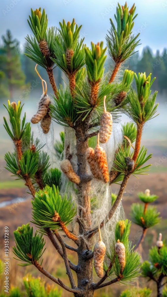 Obraz premium A photo of a pine tree with bagworm caterpillar cocoons and signs of infection on its branches, leaves curling up in distress Dense foliage with visi