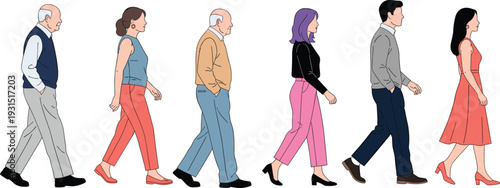 Walking people silhouettes, diverse adults, generational fashion styles, male female figures, casual semi‑formal clothing, demographic diversity, cad drawing flat vector illustration